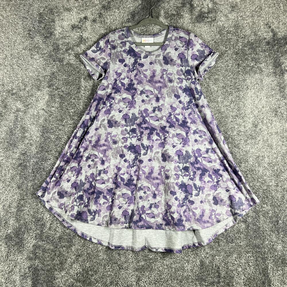 LuLaRoe Dress Girls 6 Purple Trapeze Swing Hi-Low Floral Jersey Layered USA